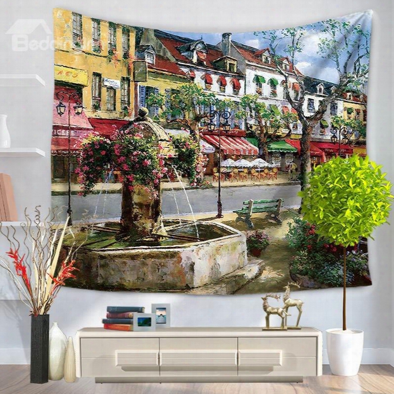 Oil Painting Beautiful Fountain And Street Pattern Decorative Hanging Wall Tapestry