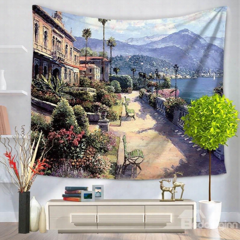 Oil Painting Shining Seaside Street Pattern Decorative Hanging Wall Tapestry