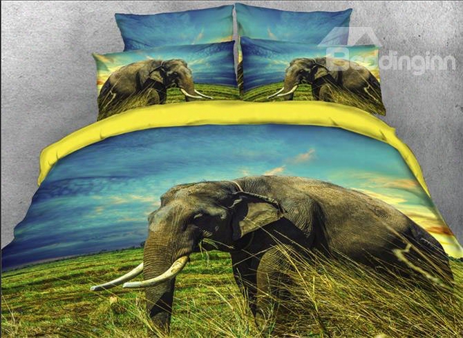 Onlwe 3d African Elephant Thinking Over The Grassland 4-piece Bedding Sets/duvet Covers