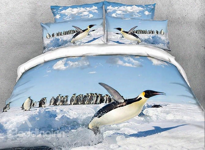 Onlwe 3d Antarctica Penguin Family Printed Cotton 4-piece Bedding Sets/duvet Covers