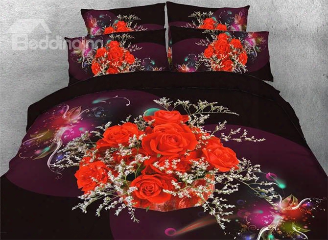 Onlwe 3d  Bouquet Of Red Roses Printed 4-piece Floral Bedding Sets/duvet Covers