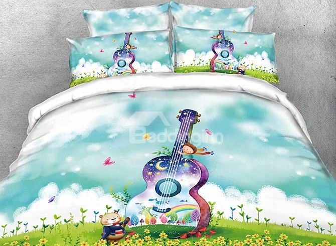Onlwe 3d Cartoon Guitar And Chzracters Natural Scenery 4-piece Bedding Sets/duvet Covers