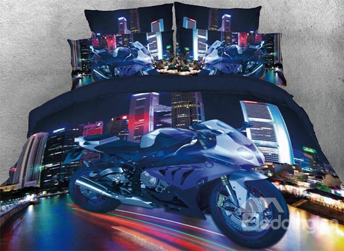 Onlwe 3d Cbr Motorcycle Racing Through Modern City 4-piece Bedding Sets/duvet Covers