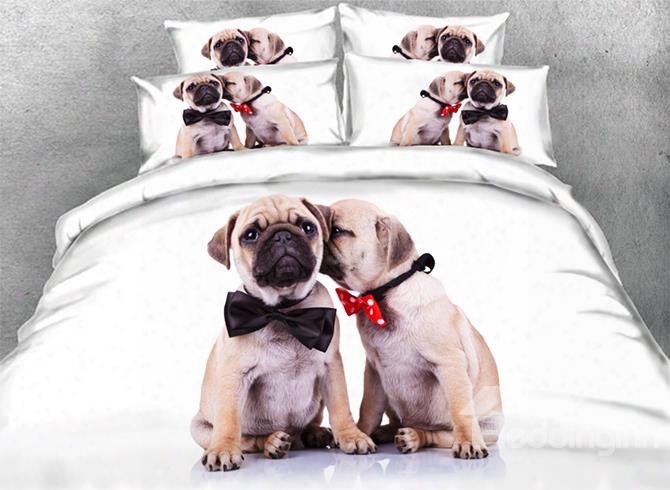 Onlwe 3d Couple Shar Pei With Tie Printed 4-piece White Bedding Sets/duvet Covers