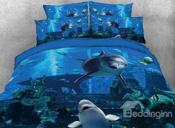 Onlwe 3d Dolphins Swimming In Blue Ocean Printed 4-piece Bedding Sets/duvet Covers