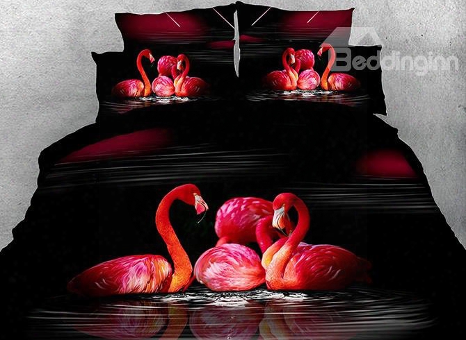 Onlwe 3d Flamingos Feeding And Swimming Cotton 4-piece Bedding Sets/duvet Covers