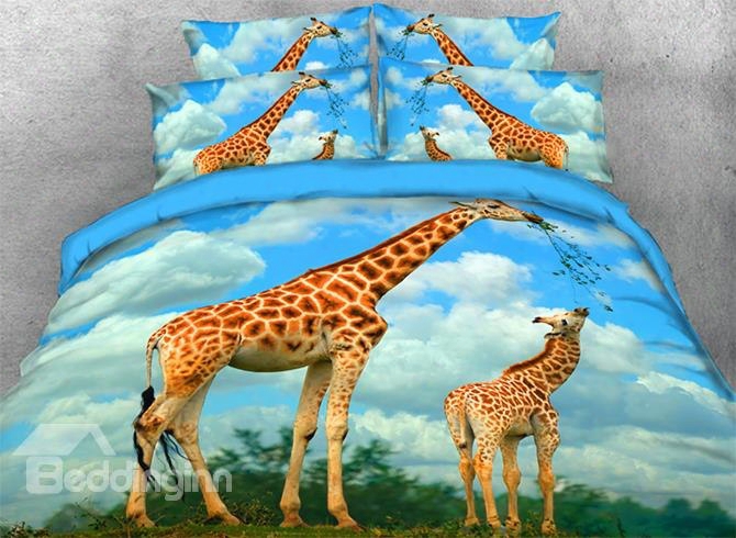 Onlwe 3d Giraffe Mother And Calf Printed 4-piece Bedding Sets/duvet Covers