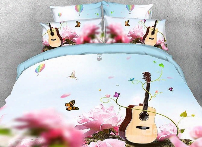 Onlwe 3d Guitar With Pink Rose And Butterfly Fresh Natural Cotton 4-piece Bedding Sets/duvet Covers