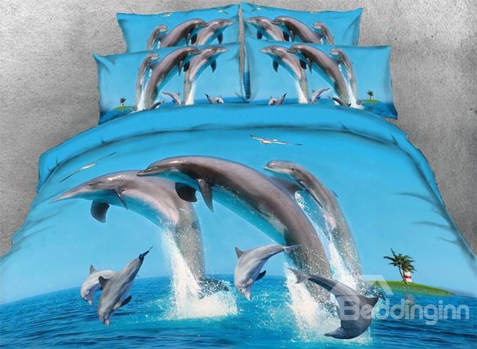 Onlwe 3d Jumping Dolphins And Flying Seagull 4-piece Blue Bedding Sets/duvet Covers