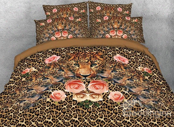 Onlwe 3d Leopard With Pink Roses Printed 4-piece Bedding Sets/duvet Covers