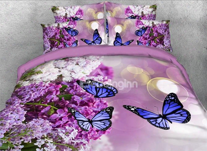 Onlwe 3d Lilac And Butterfly Printed 4-piece Floral Bedding Sets/duvet Covers