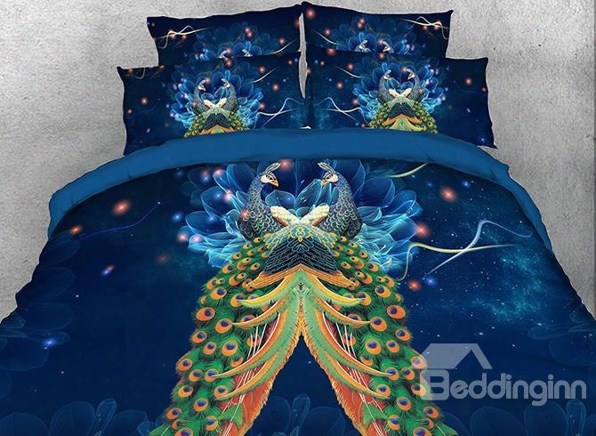 Onlwe 3d Peacock And Blooming Flower Printed Blue 4-piece Bedding Sets/duvet Covers