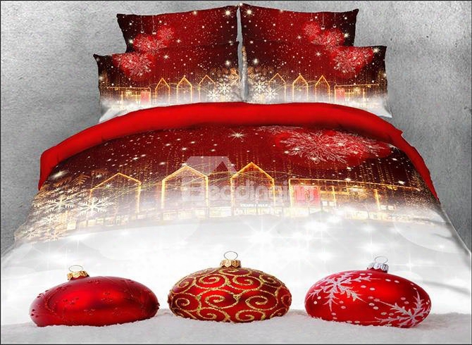 Onlwe 3d Red Christmas Ball Ornaments Printed 5-piece Red Comforter Sets