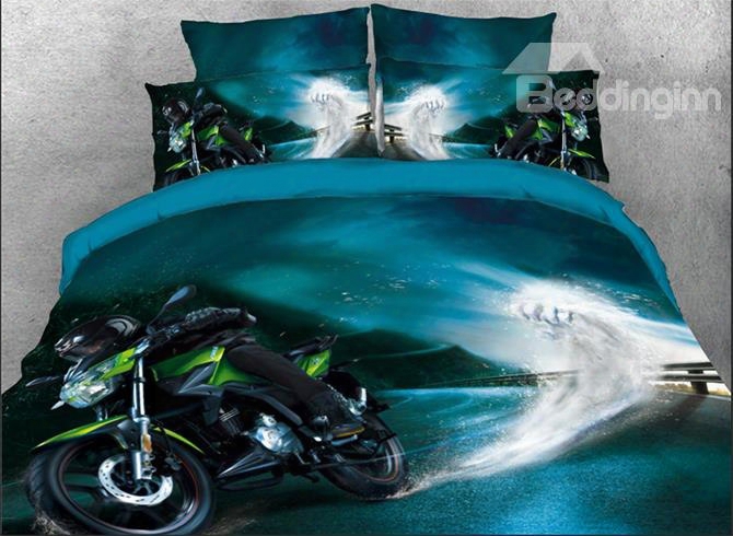 Onlwe 3d Speeding Green Sports Motorcycle Printed 4-piece Bedding Sets/duvet Covers