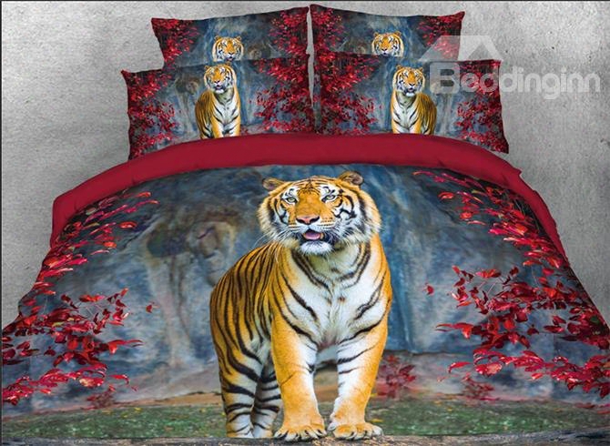 Onlwe 3d Standing Tiger With Red Leaves Printed 4-piece Bedding Sets/duvet Covers