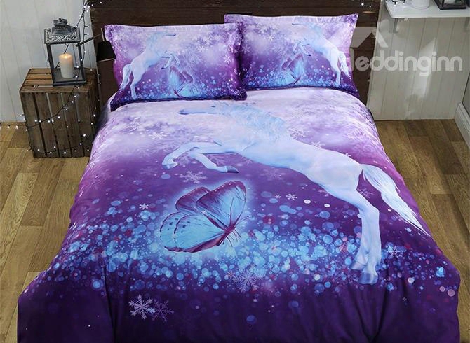 Onlwe 3d Unicorn And Butterfly Printed 5-piece Comforter Sets