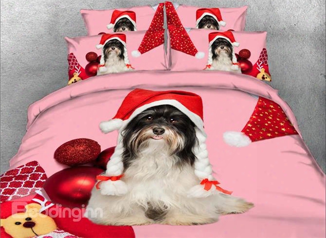 Onlwe 3d Yorkshire Terrier With Christmas Hat Printed 4-piece Bedding Sets/duvet Covers