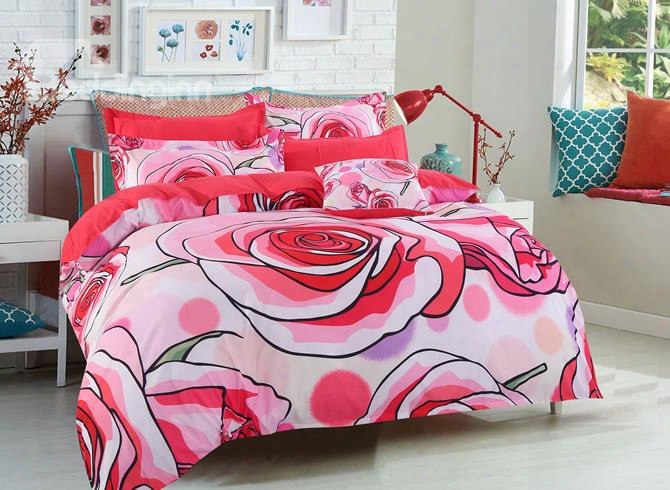 Orange Roses Blooming Pattern High Thread Count 4-piece Polyester Bedding Sets/duvet Cover