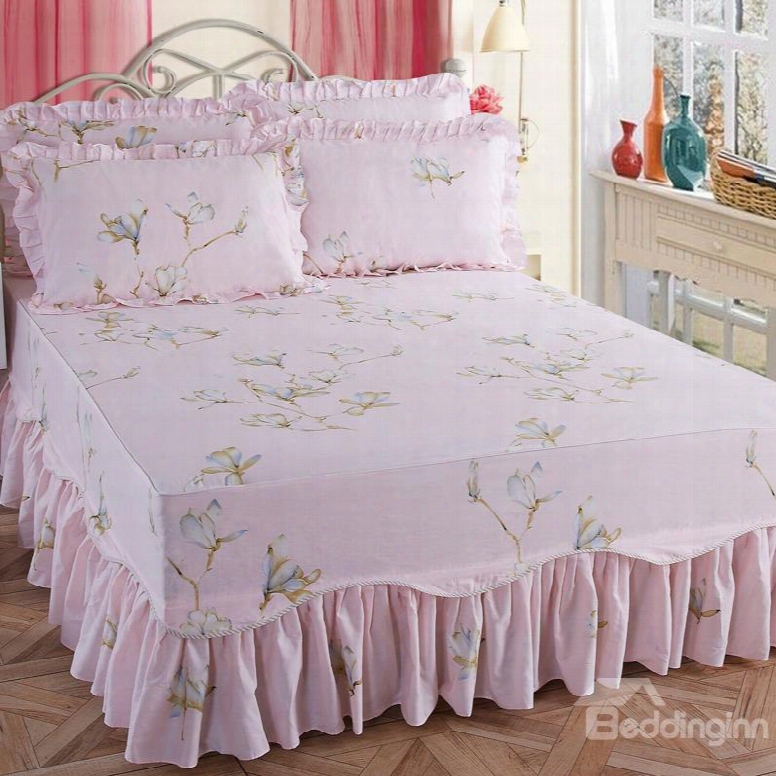 Pastoral Style White Magnolia Print Soft Cotton Bed Skirt