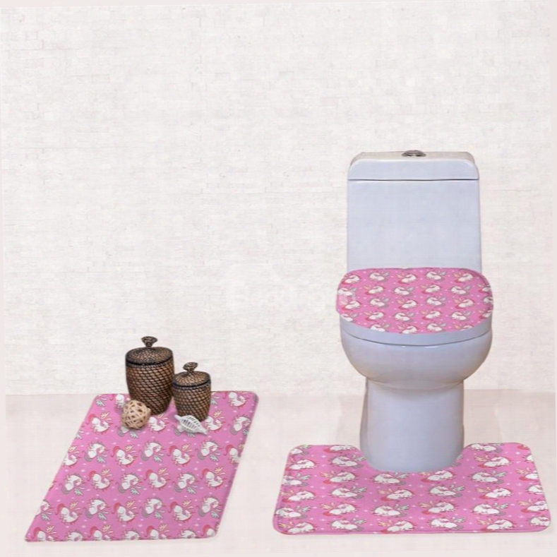 Pink Background Unicorns Pattern 3-piece Flannel Pvc Soft Water-absorption Anti-slid Toilet Seat Covers