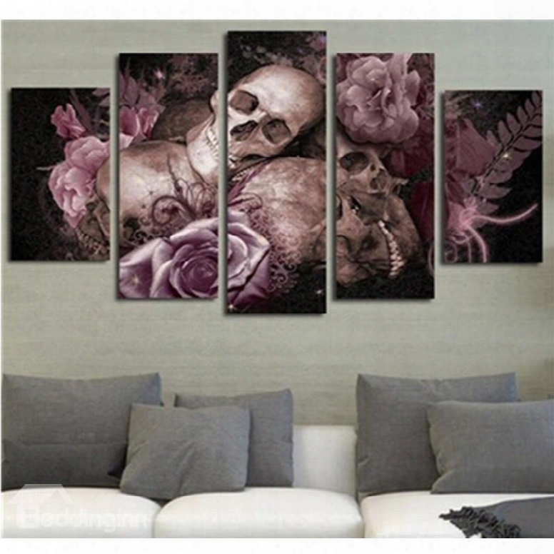 Pink Flowers And Skull Head 5-piece Hanging Canvas Waterproof And Eco-friendly Non-framed Prints