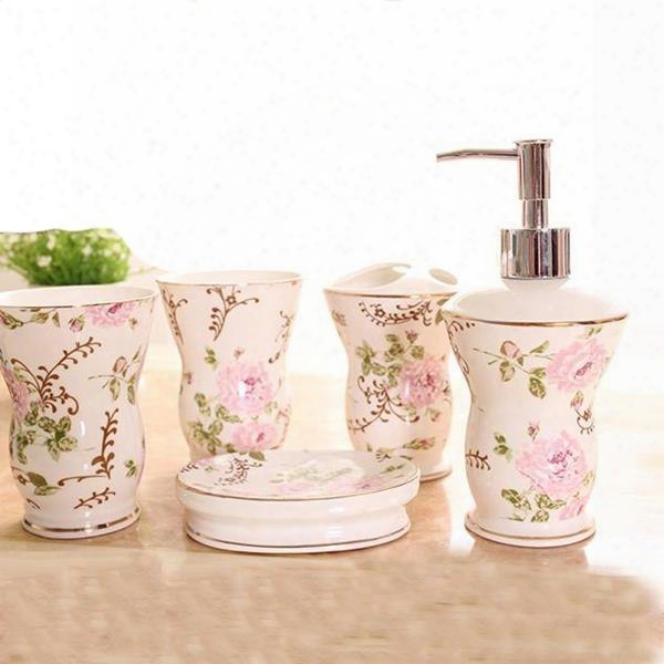 Pretty Romantic Floral European Style 5-piece Bathroom Accessories