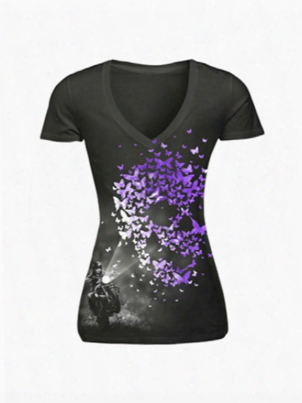 Purple Butterfly And Skull Heads Printing Polyester 3d Female T-shirts