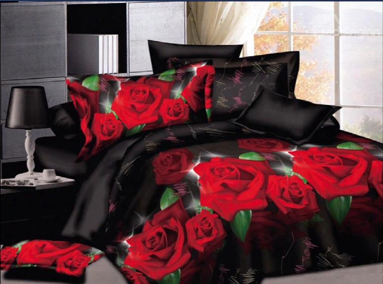 Red Rose Printed Skincare Polyester 4-piece Bedding Sets