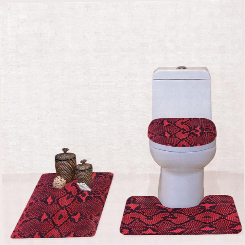 Red Rug Pattern 3-piece Flannel Pvc Soft Water-absorption Anti-slid Toilet Seat Covers