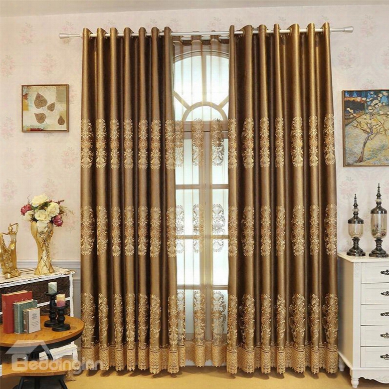 Retro Concise Style Embroidered Cchenille Custom Grommet Top Curtain For Living Room