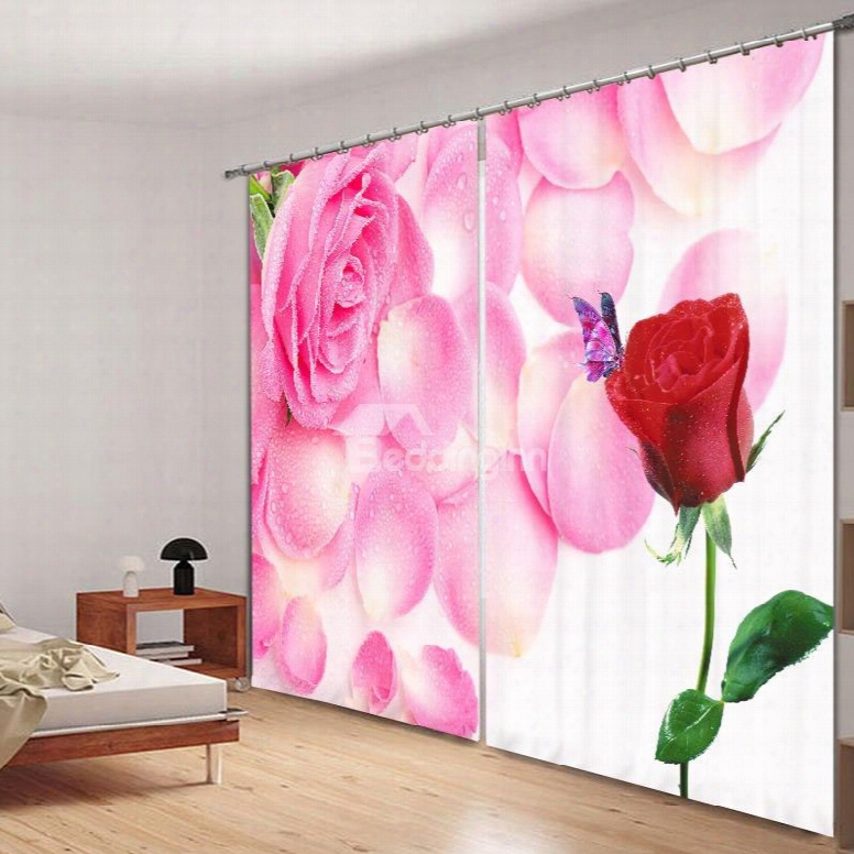 Romantic Pink And Red Roses 3d Printing Polyester Curtain