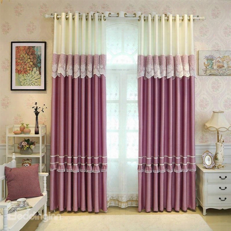 Romantic Purple With White Lace Princess Style 2 Panels Grommet Top Curtain