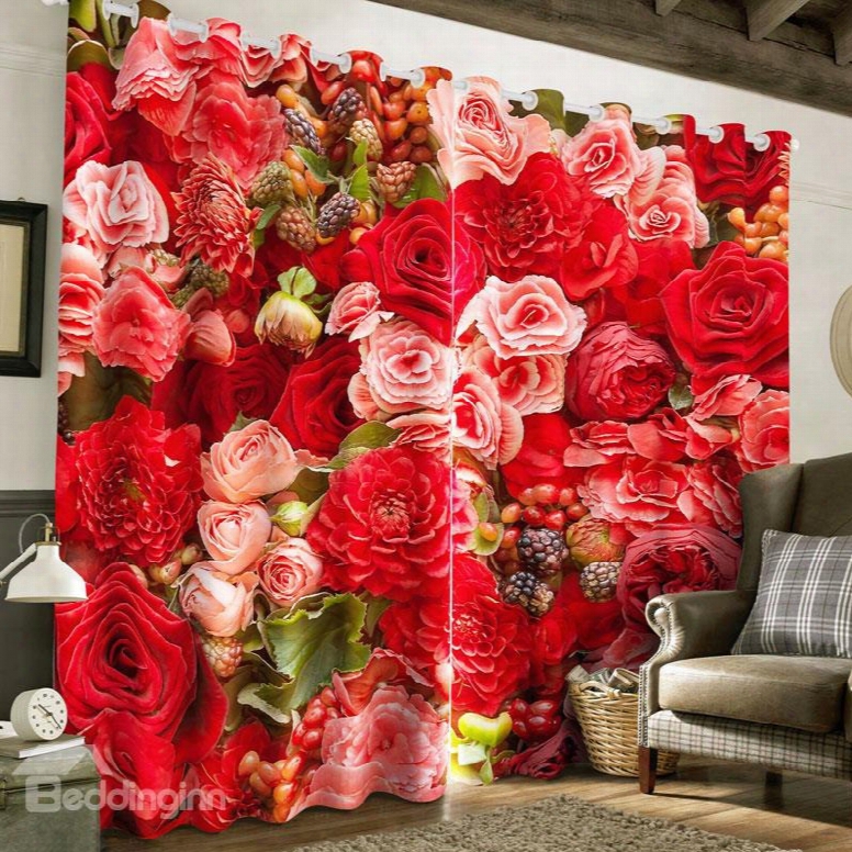 Romantic Red Roses Printed 2 Panels Grommet Top Custom 3d Curtain