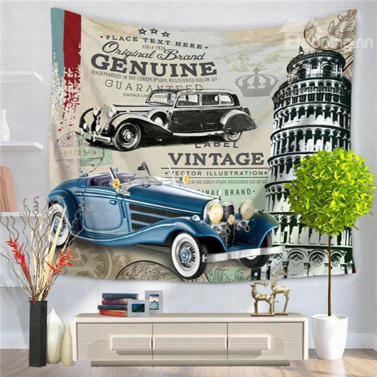 Rome The Leaning Tower Of Pisa Vintage Cars Label Pattern Decorative Hanging Wall Tapestry