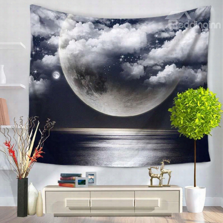 Sea Level And Moon Clouds Galaxy Night Decorative Hanging Wall Tapestry