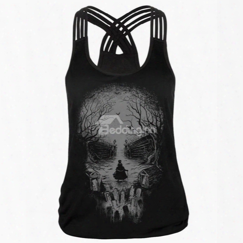 Skull Secret Garden 3d Pattern Fashion Sleeveless Vest Tank Top