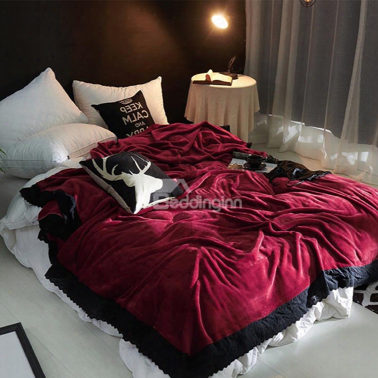 Solid Burgundy Plush With Black Edge Super Soft Fluffy Bed Blanket