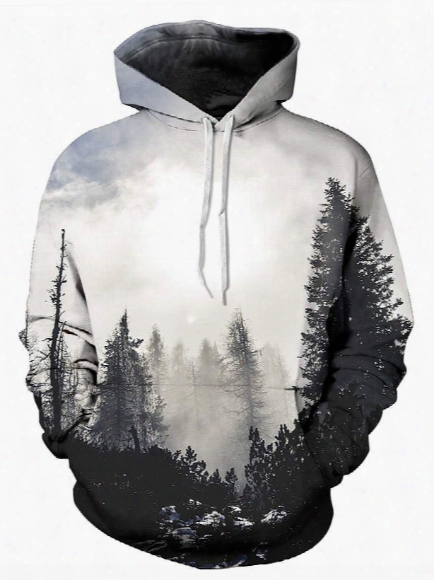 Special Long Sleeve Grey Trees Pattern Pocket 3d Painted Hoodie