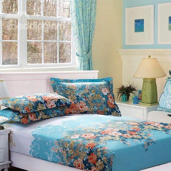 Splendid And Colorful Flowers Pattern Blue Cotton Fitted Sheet