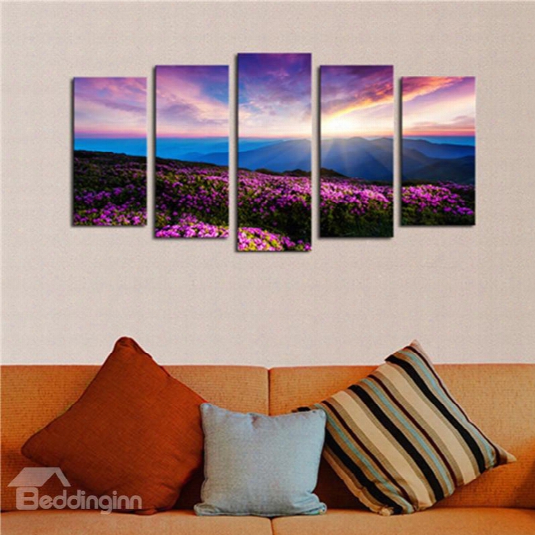 Sunrise And Floral Mountain 5-panel Canvas Hung Non-framed Wall Prints