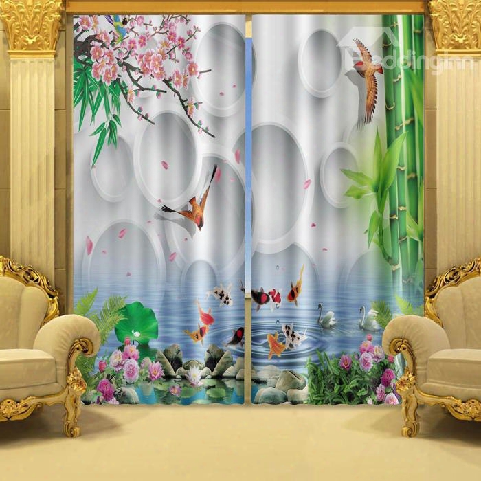 The Blooming Titoni And Fish Swimming In Water Printed 3d Curtain