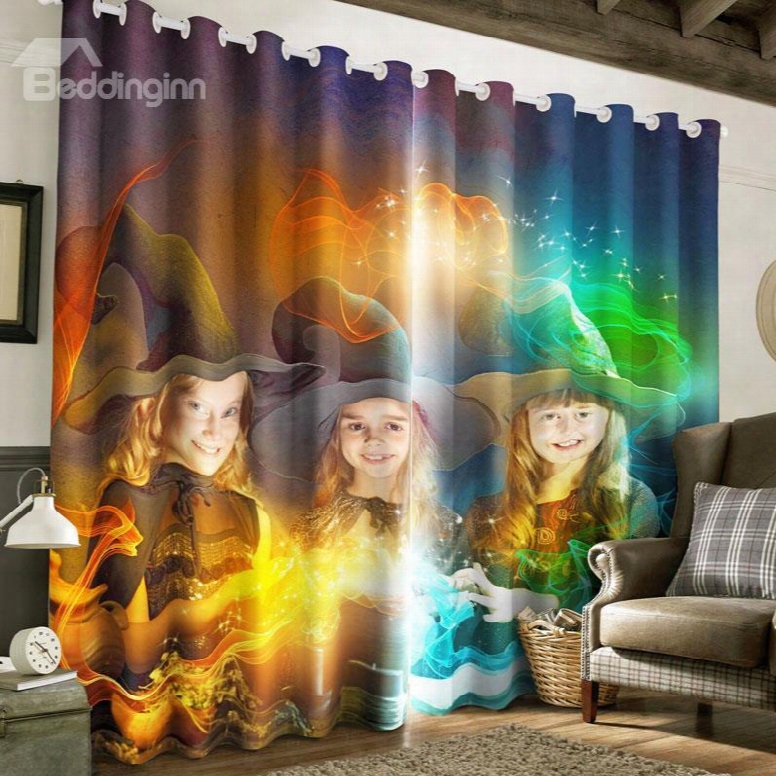 Three Beautiful Girls With Magic Lamp Printed 2 Panels Decorative And Blackout Curtain