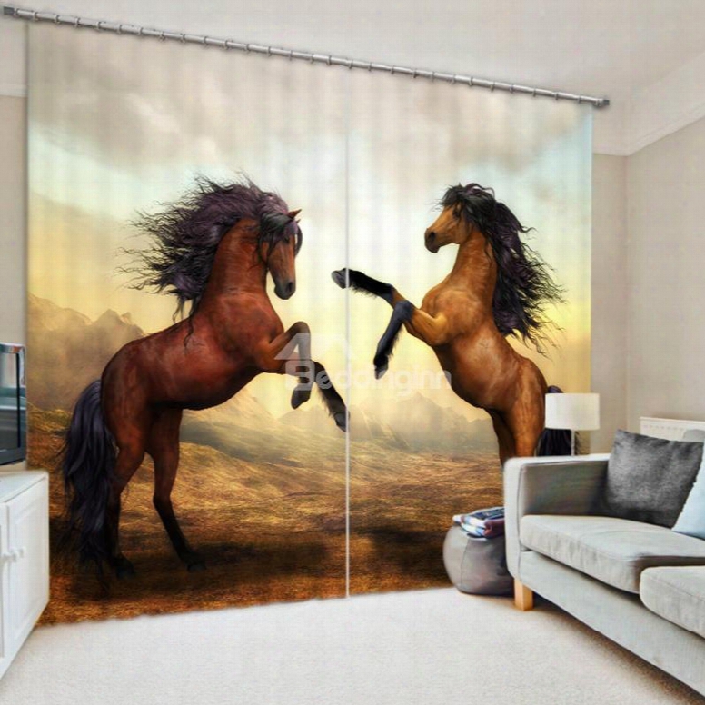 Two Brown Horses Jumping 3d Decorative And Blackout Window Curtain