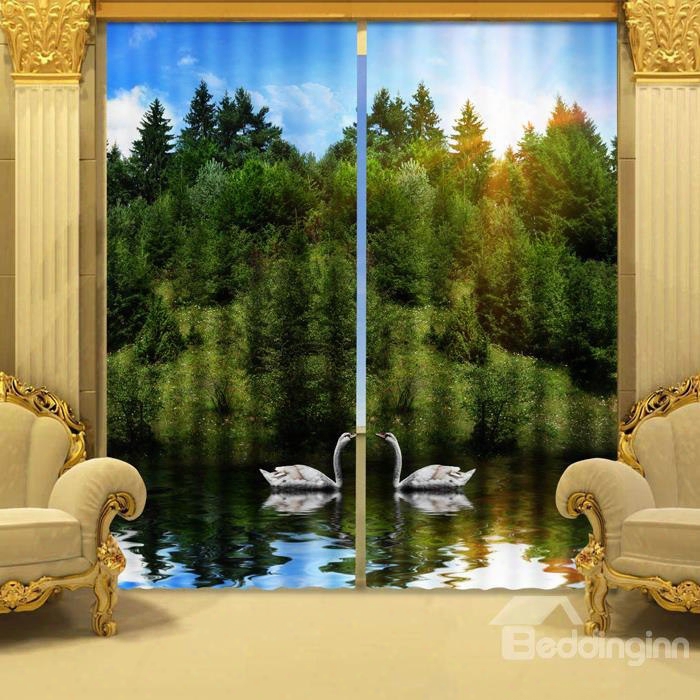Two Symmetrical White Swans In The River And Thick Forest Decorative 3d Curtains