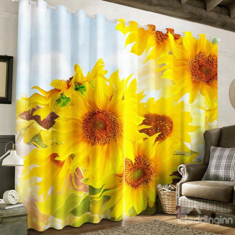 Vivid And Golden Sunflowers Printed Tencel Custom 3d Curtain For Living  Room