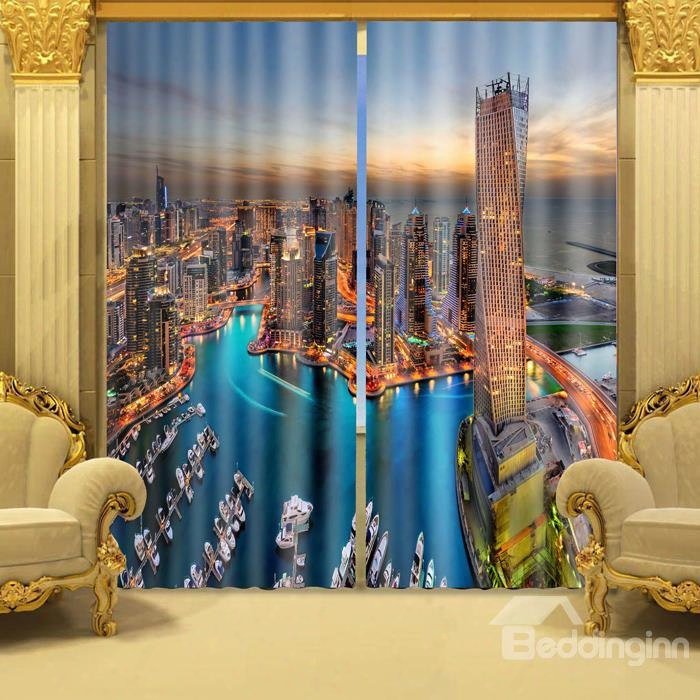 Vivid Sunset Seaside City Scenery Printed 3d Polyester Curtain