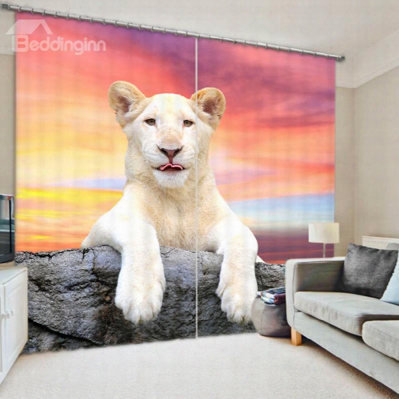 Vivid White Lion Lying On The Stone Bedroom And Living Rom Thick Polyester Curtain