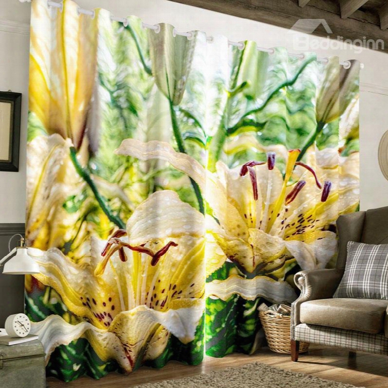 Vivid Yellow Flowers And Dewdrops Printed 2 Panels Grommet Top Curtain