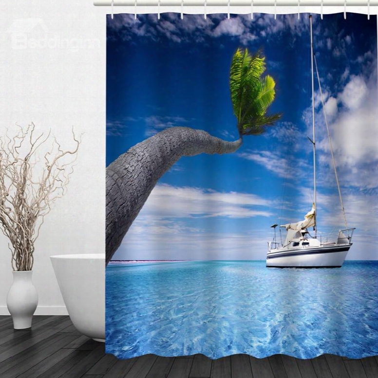 White Boat In The Sea 3d Printed Bathroom Waterproof Shower Curtain