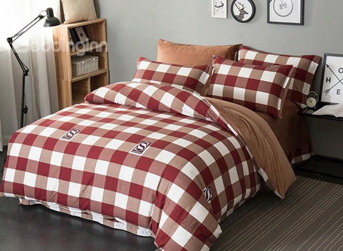 Wine Red Plaid Pattern Modern Style Soft 4-piece Bedding Sets/duvet Cover